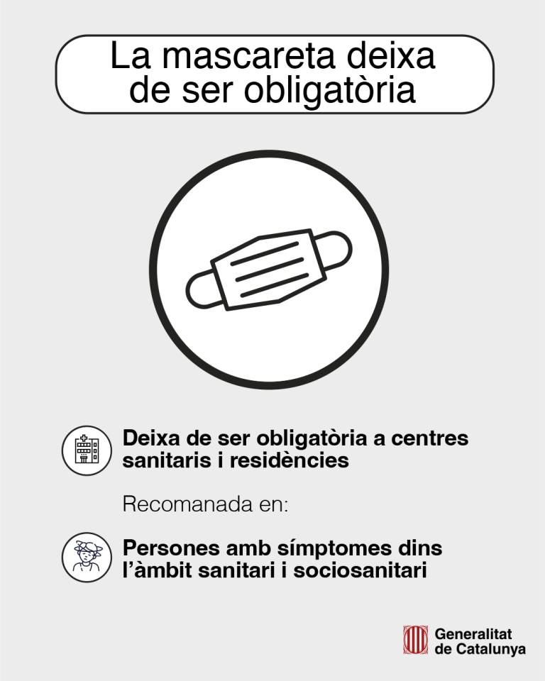 La mascareta deixa de ser obligatòria en centres sanitaris i residencials a Catalunya