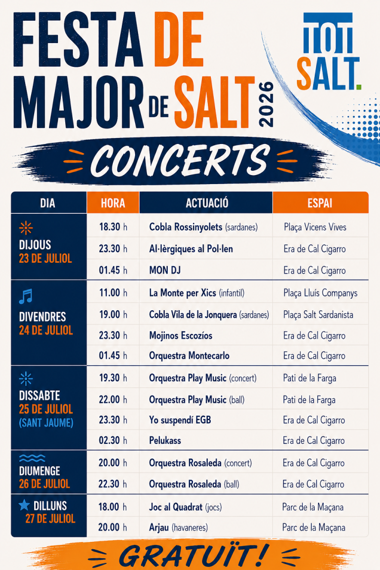 Mojinos Escozíos, Al·lèrgiques al Pol·len i Yo Suspendí EGB: així serà la Festa Major de Salt 2026 Mojinos Escozíos, Al·lèrgiques al Pol·len i Yo Suspendí EGB: així serà la Festa Major de Salt 2026