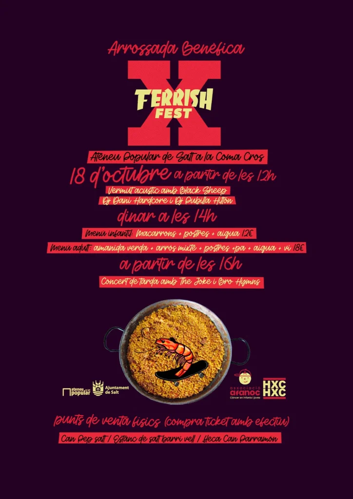 Cartell de l’arrossada solidària del Ferrish Fest a Salt, el 18 d’octubre, amb concerts, DJs, menús i horaris.